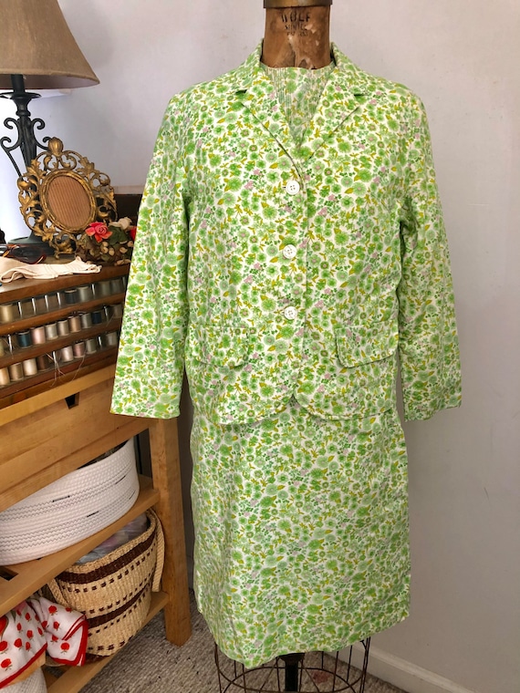 Super cute 1950s/60s cotton canvas green floral p… - image 2