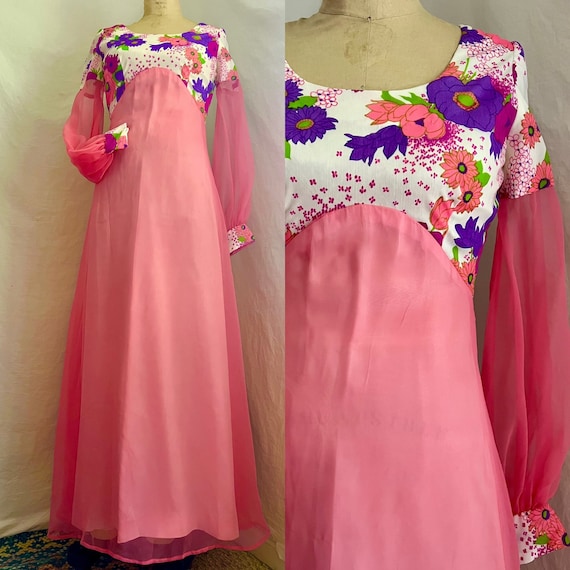 1960s/70 flower power pink maxi gown Sz xs/s