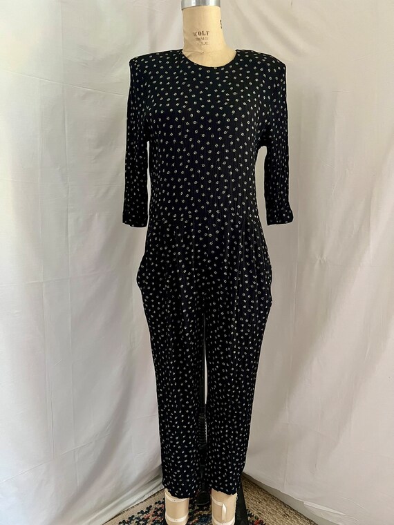 1990s vintage black rayon jumpsuit with pockets S… - image 3