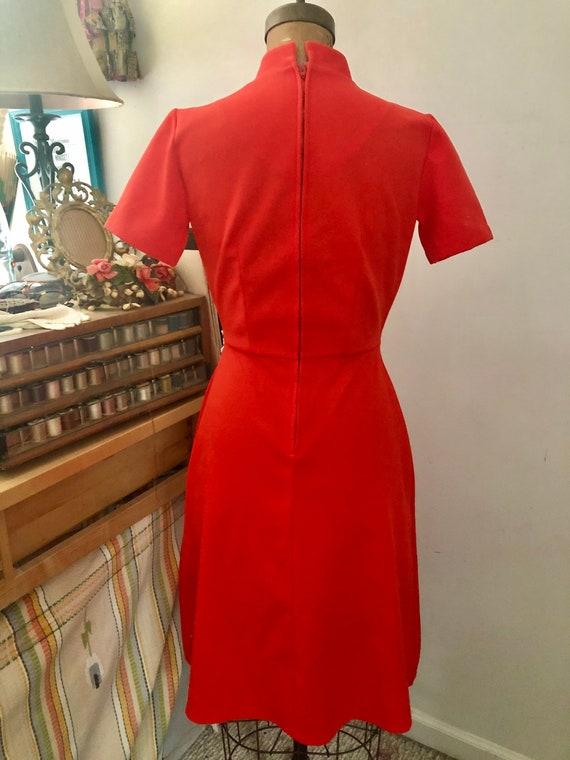 1960s/70s bright red poly & lace mod a-line dress… - image 4