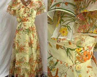 1970s yellow floral ruffle dream dress Xs/s