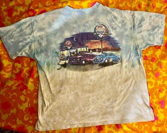 Camiseta vintage de algodón con efecto tie-dye en azul tostado y doble cara de Grateful Dead Racing de los años 90, talla XL