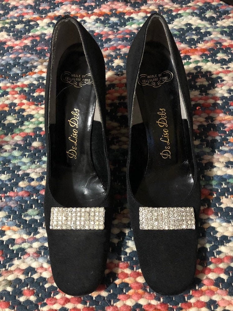 Fantastic 1960s Black Rhinestone Low Heel Pumps 7 1/2/8 37 1
