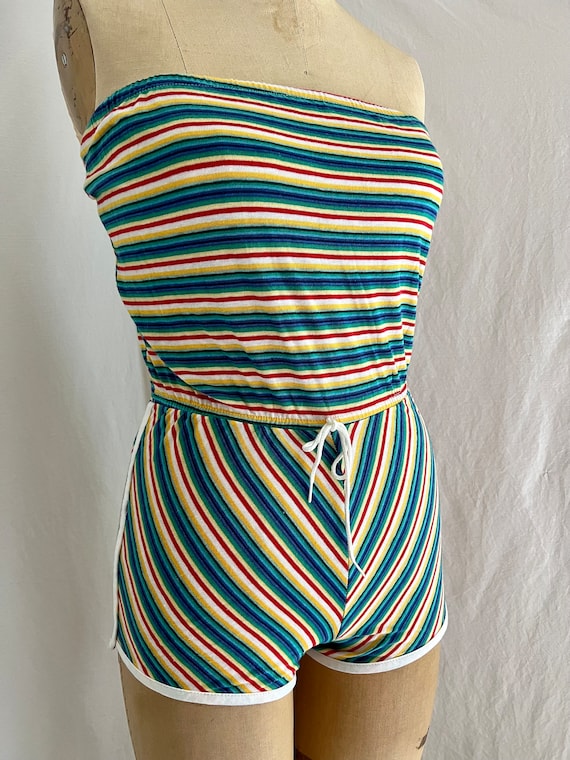 1970s Deadstock 50/50 strapless tube top rainbow … - image 1