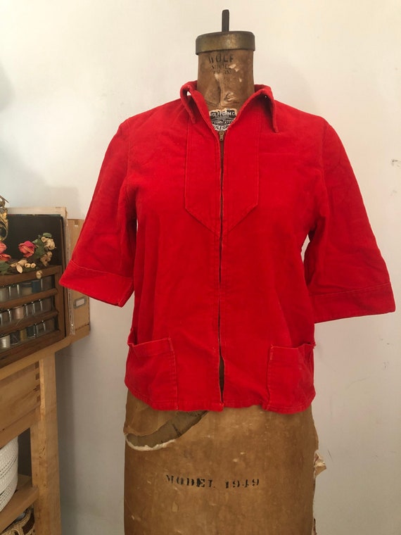 1950s true vintage zip up red corduroy jacket wit… - image 1