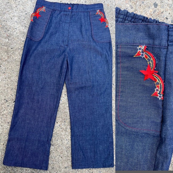 1970s dark wash embroidered star denim jeans  Sz M - image 1