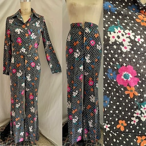 1970s floral op art cropped jacket and pants set xxs/xs