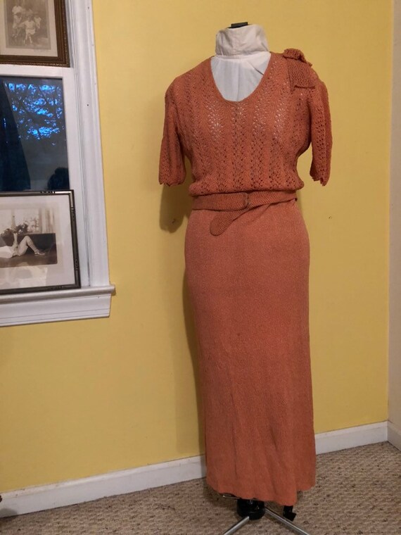 1930s Peach crochet/ knit midi maxi dress Sz S-M
