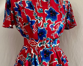 1980s vintage tissue silk floral peplum cocktail dress