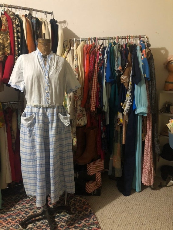 1940s Beal Young cotton feedsack blue plaid day co