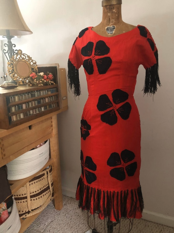 1940s red fringe and flower cha cha dancer dress/… - image 2