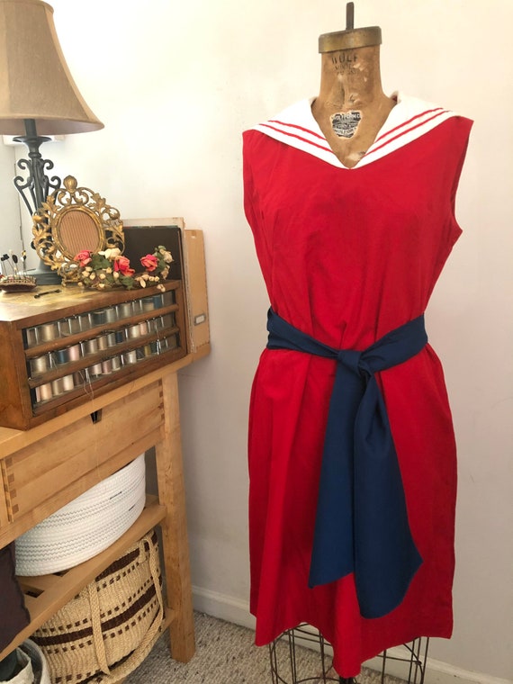 1960s red and white sailor shift dress Sz M - image 2