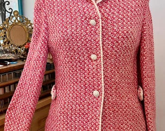 Terno vintage de crochê feito à mão dos anos 1960: rosa e branco, tamanho P
