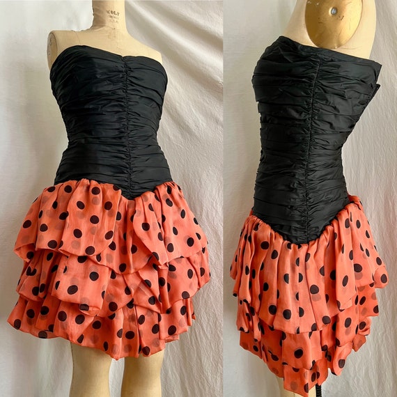 1980s strapless ladybug polka dot party dress sz … - image 1