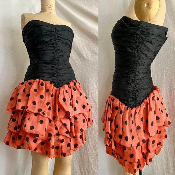 1980s strapless ladybug polka dot party dress sz xs