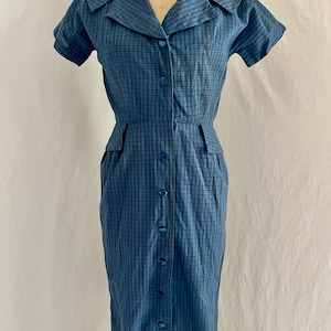 1950s vintage blue plaid o cotton day dress