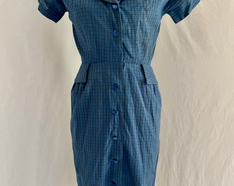 1950s vintage blue plaid o cotton day dress