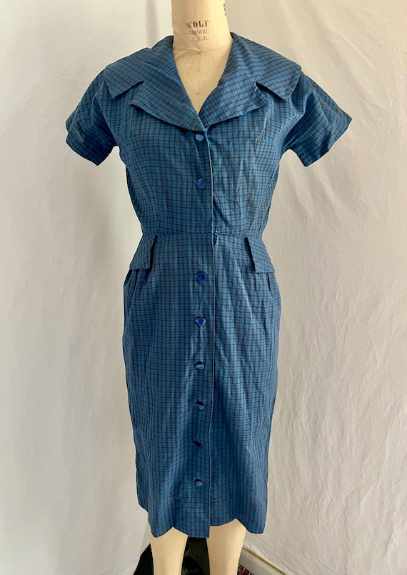 1950s vintage blue plaid o cotton day dress