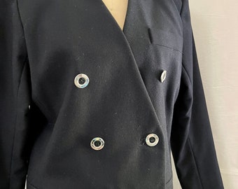 Terno de lã Yves Saint Laurent dos anos 80: Blazer trespassado, saia envelope (tamanho P/M)
