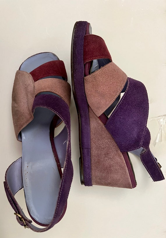 1970s purple rainbow suede wedge strappy sandals … - image 1