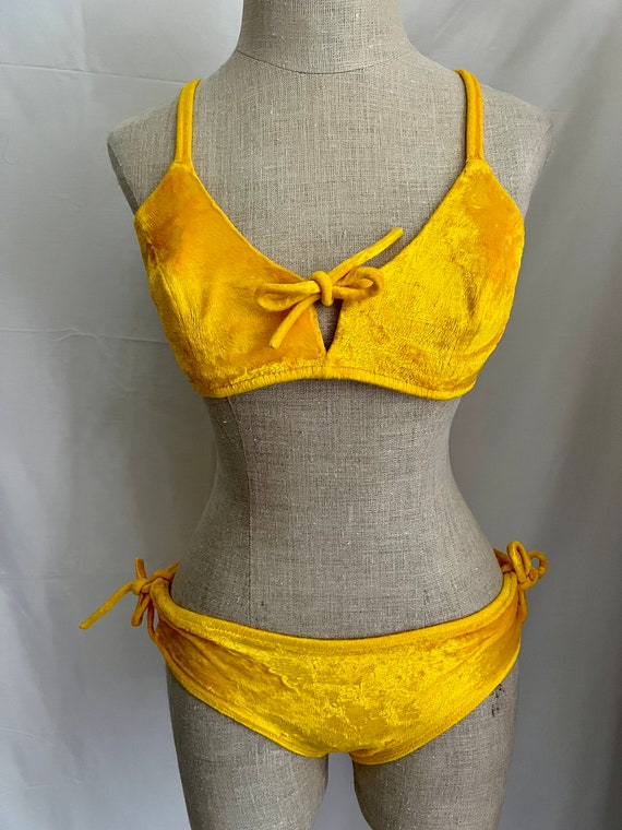 1960s vintage golden yellow velvet bikini Sz s - image 1