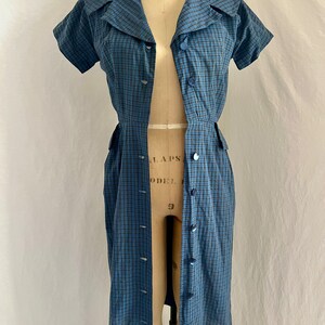 XXL 1950s Gray Cotton Day Dress Plaid Short Sleeves
