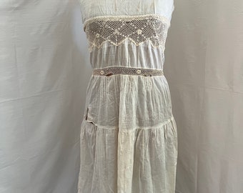 Antique Edwardian Cotton Slip Dress with Crochet Details (Sz XS/S)