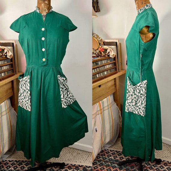 1950s true vintage sanforized cotton green day dr… - image 1