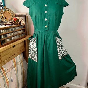 1950s true vintage sanforized cotton green day dress Sz xs-m