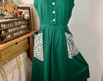 1950s true vintage sanforized cotton green day dress Sz xs-m