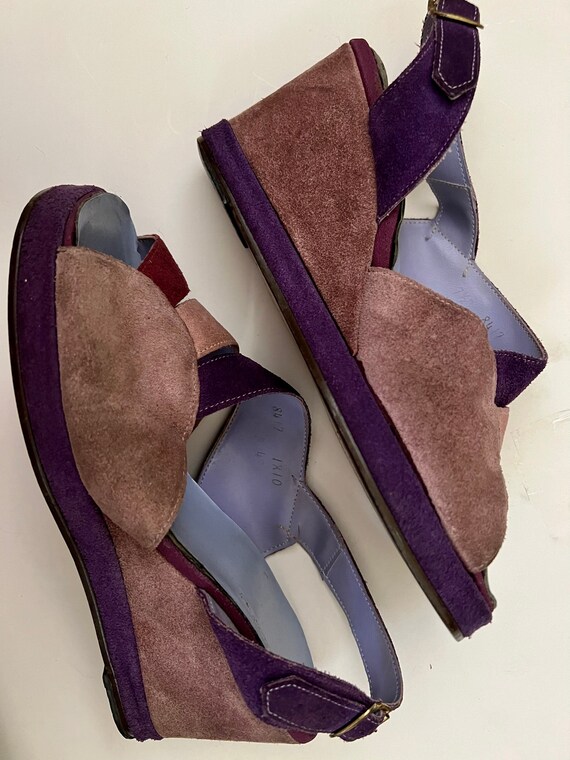 1970s purple rainbow suede wedge strappy sandals … - image 5