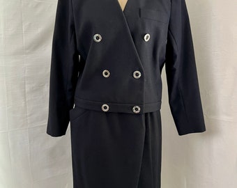 1980s vintage Yves Saint Laurent YSL double breasted navy wool power skirt suit SZ S/M