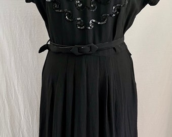 1940s rayon crepe sequined black dress with belt