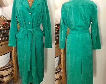 1970s vintage green midi ultrasuede belted trench coat Sz xs/s/m/l