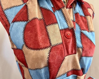 1970s fit and flare faux patchwork dress Sz s/m