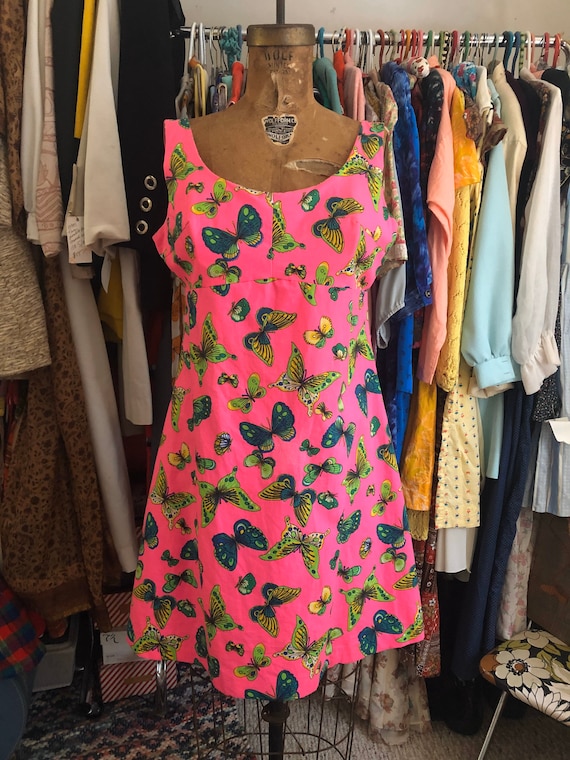 1960s hot pink butterfly mini dress with built-in