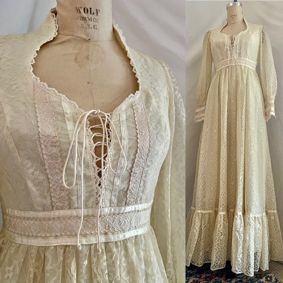1970s vintage cream lace Gunne sax prairie maxi dress… - Gem