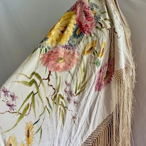 Antique hand painted silk piano shawl