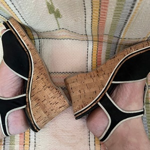 1970s black and white canvas wedge sandals Sz 39