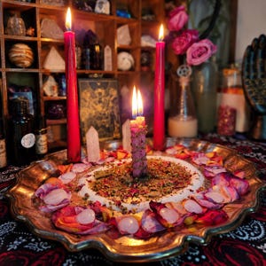 May include: A silver-toned scalloped tray holds three lit candles, including two tall red tapers and one shorter pink candle wrapped in twine. The tray is decorated with scattered dried herbs, flower petals, and small clear quartz crystals.