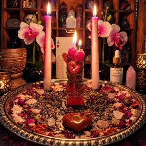 May include: A silver tray holds two tall pink taper candles, a central red pillar candle wrapped in twine, and a red heart-shaped stone. The tray is scattered with dried flower petals and small clear crystals, flanked by pink orchids and a bottle labeled Love & Attraction Oil.