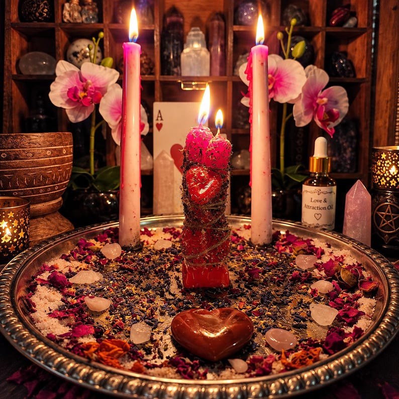 May include: A silver tray holds two tall pink taper candles, a central red pillar candle wrapped in twine, and a red heart-shaped stone. The tray is scattered with dried flower petals and small clear crystals, flanked by pink orchids and a bottle labeled Love & Attraction Oil.
