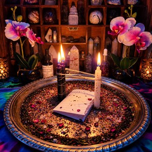 May include: A silver-toned metal tray filled with dried herbs and flower petals, featuring a small folded piece of paper, two black candles tied with string, and one white candle. Two pink orchid plants flank the tray, which sits before a wooden shelf.