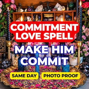 May include: A gold-toned metal tray filled with scattered purple and pink flower petals, two blue glass bottles, and two tall black twisted candles in brass holders. The image features the text COMMITMENT LOVE SPELL MAKE HIM COMMIT SAME DAY PHOTO PROOF.