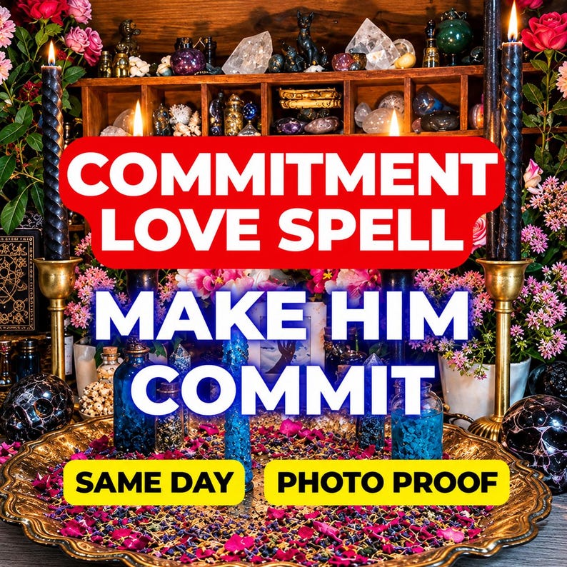 May include: A gold-toned metal tray filled with scattered purple and pink flower petals, two blue glass bottles, and two tall black twisted candles in brass holders. The image features the text COMMITMENT LOVE SPELL MAKE HIM COMMIT SAME DAY PHOTO PROOF.