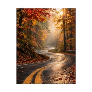 Könnte beinhalten: Eine kurvenreiche Asphaltstraße mit doppelten gelben Linien schlängelt sich im Herbst durch einen dichten Wald. Die Bäume zeigen leuchtend orangefarbenes, rotes und gelbes Laub, während Sonnenlicht durch das Blätterdach fällt und einen warmen Glanz erzeugt.