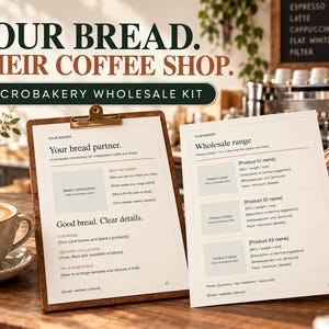 Könnte beinhalten: Ein Microbakery-Großhandels-Kit mit zwei gedruckten Dokumenten auf einem Holz-Klemmbrett. Der Text lautet: YOUR BREAD. THEIR COFFEE SHOP. MICROBAKERY WHOLESALE KIT. Die Dokumente enthalten Abschnitte für Bäckerei-Details, Großhandelssortimente, Produktnamen und Kontaktinformationen.