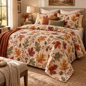 Autumn Leaves Pattern Cotton Bed Set | Fall Maple Leaf Bedding