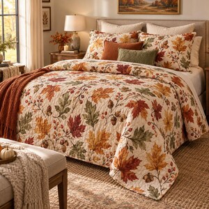 Puede incluir: Una colcha acolchada con un estampado de hojas de otoño, bellotas y bayas en tonos naranja, rojo, amarillo y verde. El juego de cama incluye fundas de almohada a juego, un cojín decorativo de color óxido y un cojín lumbar verde.