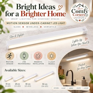 Könnte beinhalten: Eine weiße, schlanke, rechteckige LED-Unterbauleuchte mit Bewegungsmelder. Das Bild enthält den Text "Bright Ideas for a Brighter Home" und "Motion Sensor Under-Cabinet LED Light". Vier Größenoptionen sind abgebildet: 10 cm, 20 cm, 30 cm und 50 cm.